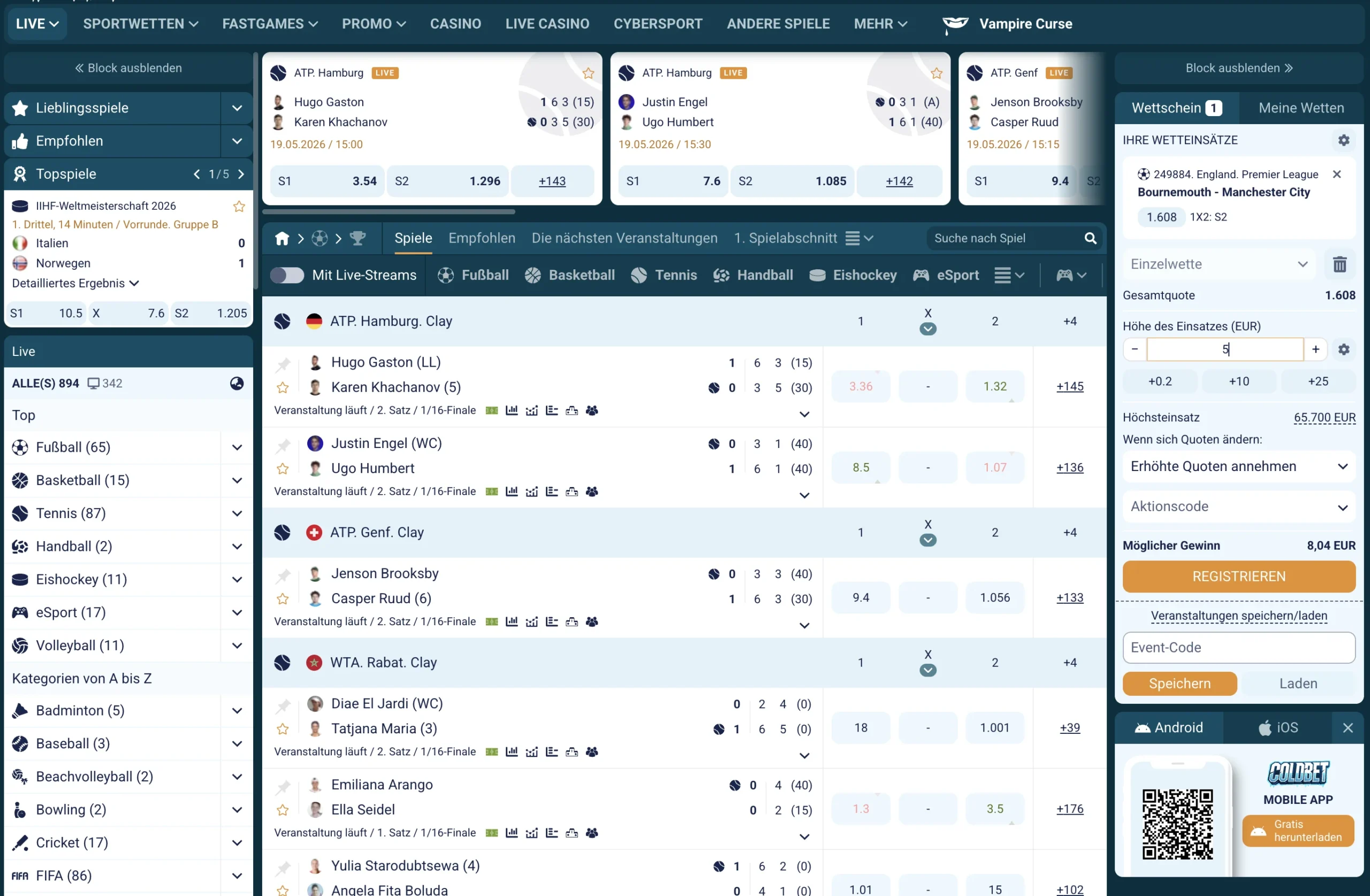 Coldbet Livewetten Bereich im Test