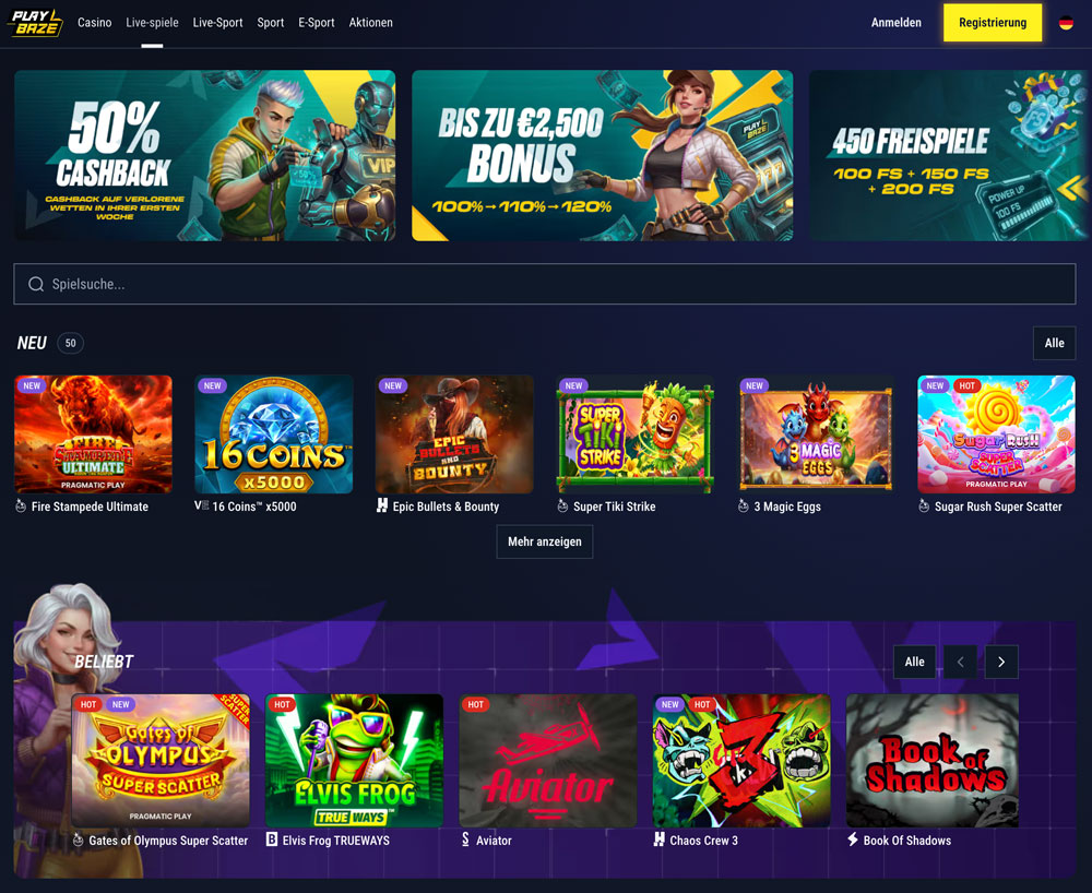 PlayBaze Casino mit Slots und Livecasino